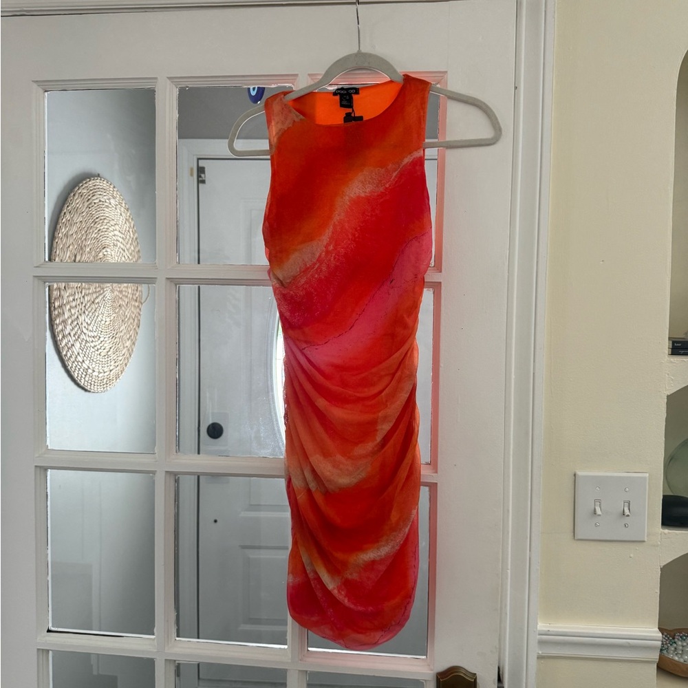 Boohoo Orange & Pink Watercolor Ruched Mini Dress